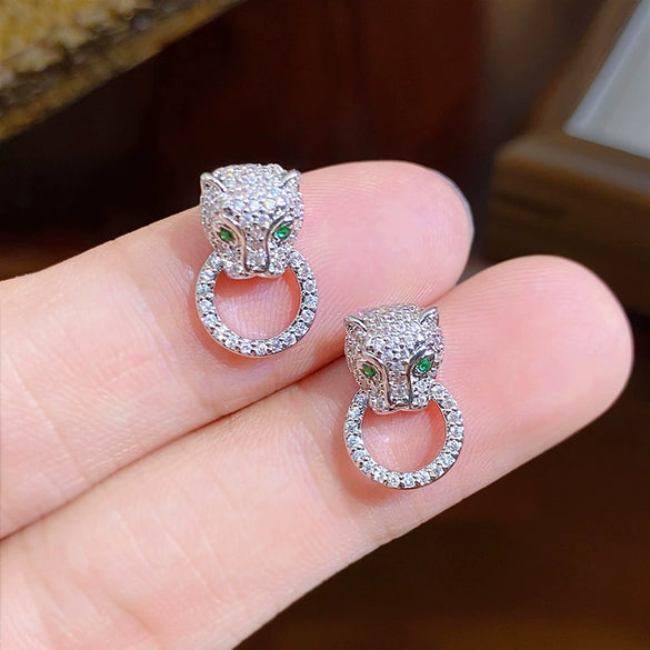 Copper Inlaid Zircon Animals Style Electroplated Hiphop Cheetah Leopard Head Earrings