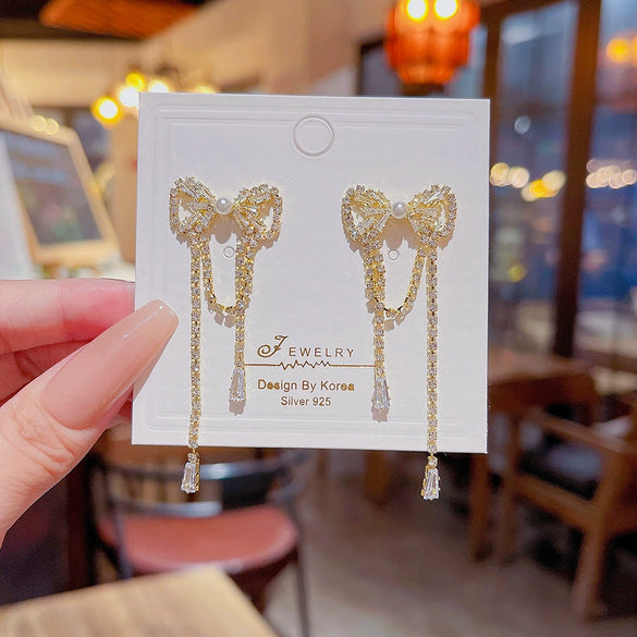 Copper Inlaid Zircon Bow Earrings For Women Light Luxury Highend Sense Niche Design Gentle Elegant Tassel Style