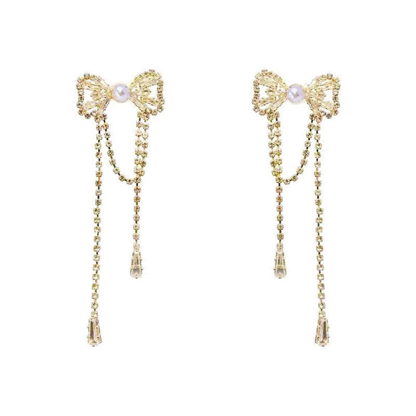 Copper Inlaid Zircon Bow Earrings For Women Light Luxury Highend Sense Niche Design Gentle Elegant Tassel Style