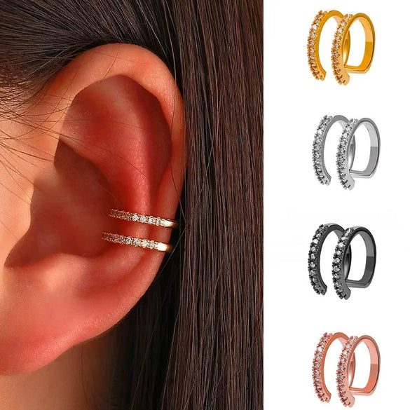 Copper Inlaid Zircon Double Layer Geometric Ear Clip For Women Electroplated Ear Clip Without Ear Hole