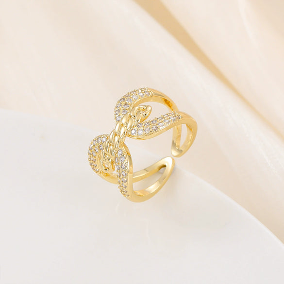 Copper Inlaid Zircon Geometric Opening Ring Hiphop Double Layer Stacked Wearing Ring