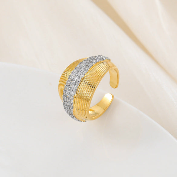 Copper Inlaid Zircon Geometric Opening Ring Hiphop Double Layer Stacked Wearing Ring