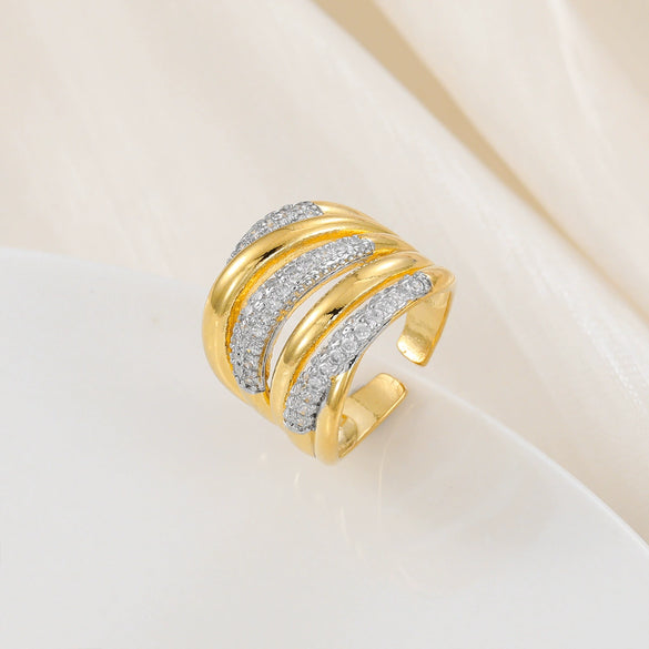 Copper Inlaid Zircon Geometric Opening Ring Hiphop Double Layer Stacked Wearing Ring