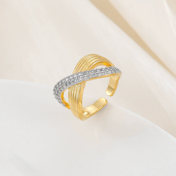 Copper Inlaid Zircon Geometric Opening Ring Hiphop Double Layer Stacked Wearing Ring