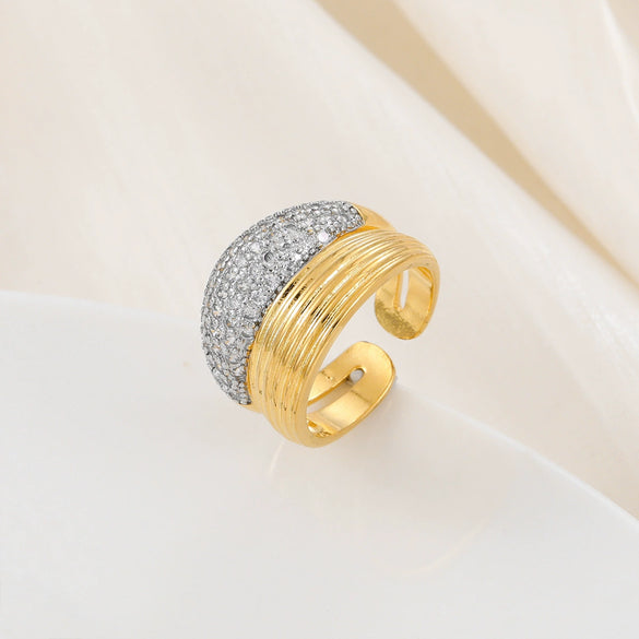 Copper Inlaid Zircon Geometric Opening Ring Hiphop Double Layer Stacked Wearing Ring