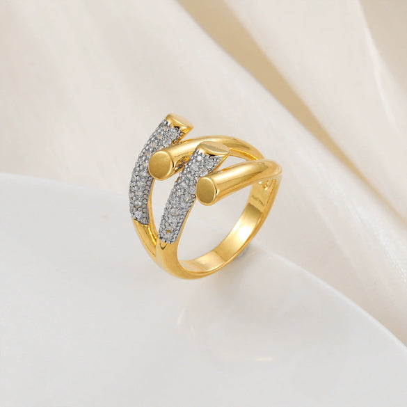 Copper Inlaid Zircon Geometric Opening Ring Hiphop Double Layer Stacked Wearing Ring
