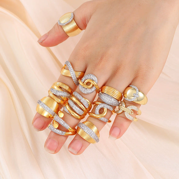 Copper Inlaid Zircon Geometric Opening Ring Hiphop Double Layer Stacked Wearing Ring