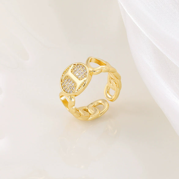 Copper Inlaid Zircon 18K Gold Plated Heart Letter Ring For Women