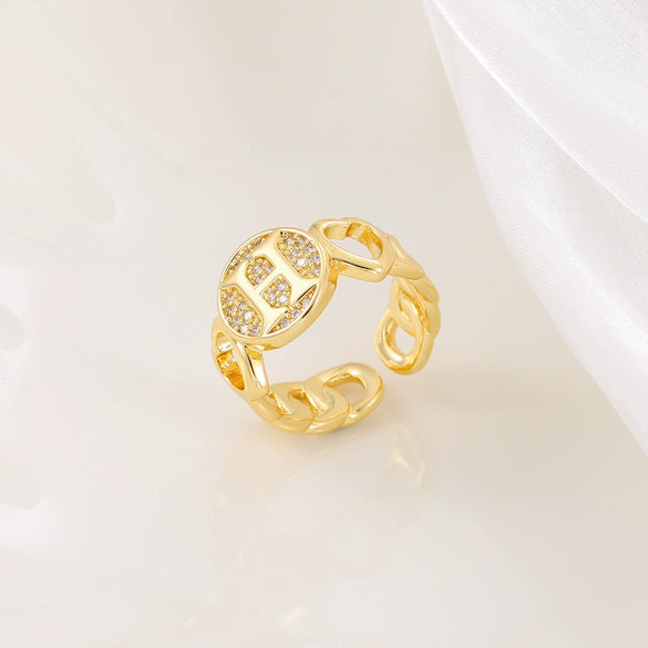 Copper Inlaid Zircon 18K Gold Plated Heart Letter Ring For Women