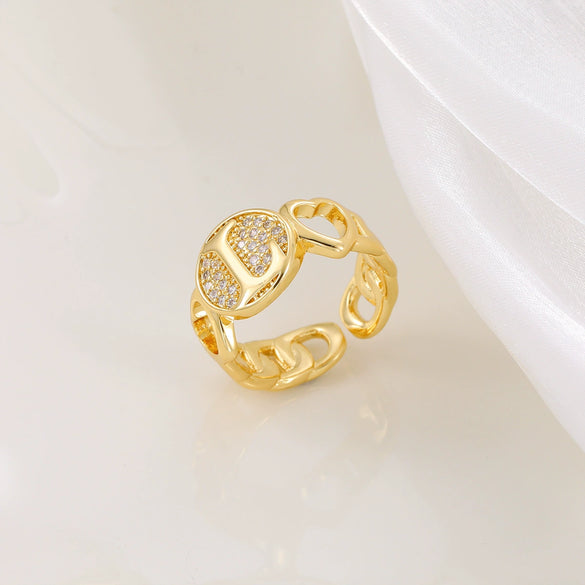 Copper Inlaid Zircon 18K Gold Plated Heart Letter Ring For Women