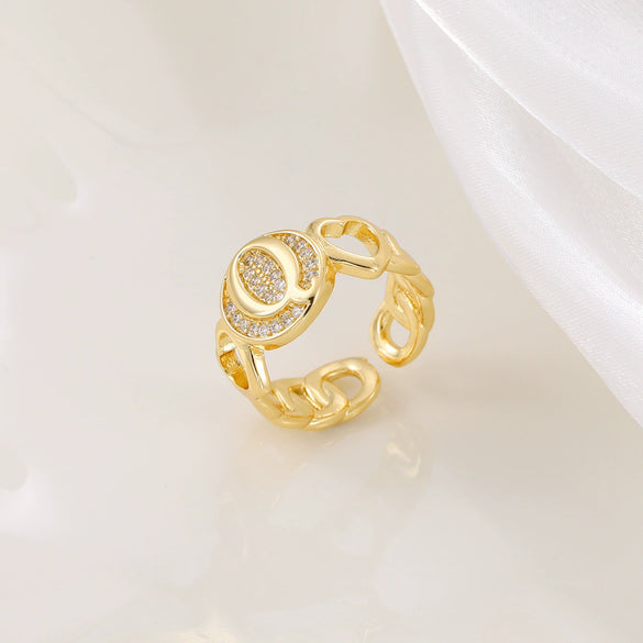 Copper Inlaid Zircon 18K Gold Plated Heart Letter Ring For Women