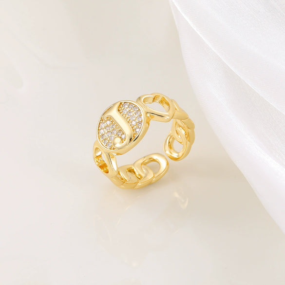 Copper Inlaid Zircon 18K Gold Plated Heart Letter Ring For Women