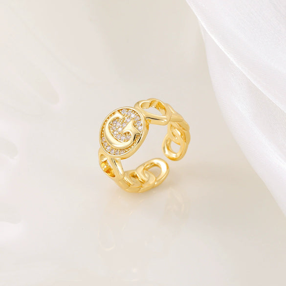 Copper Inlaid Zircon 18K Gold Plated Heart Letter Ring For Women