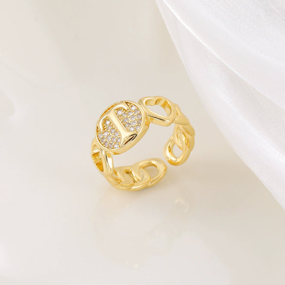 Copper Inlaid Zircon 18K Gold Plated Heart Letter Ring For Women