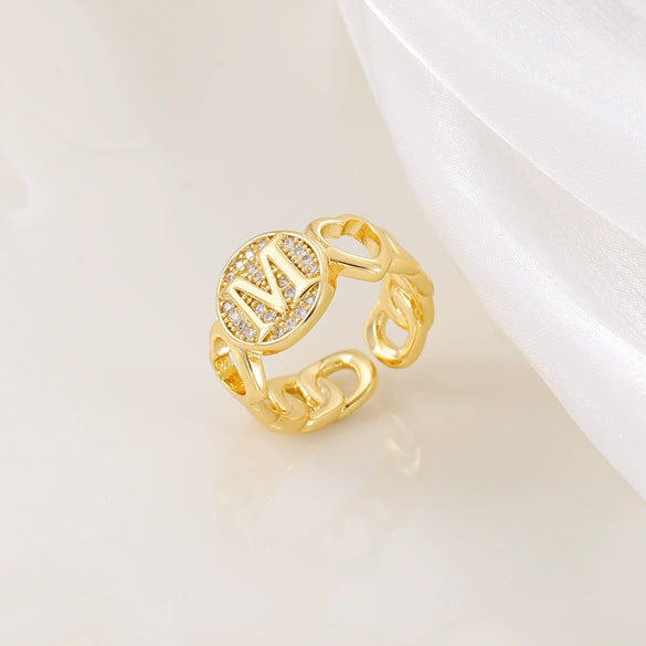 Copper Inlaid Zircon 18K Gold Plated Heart Letter Ring For Women