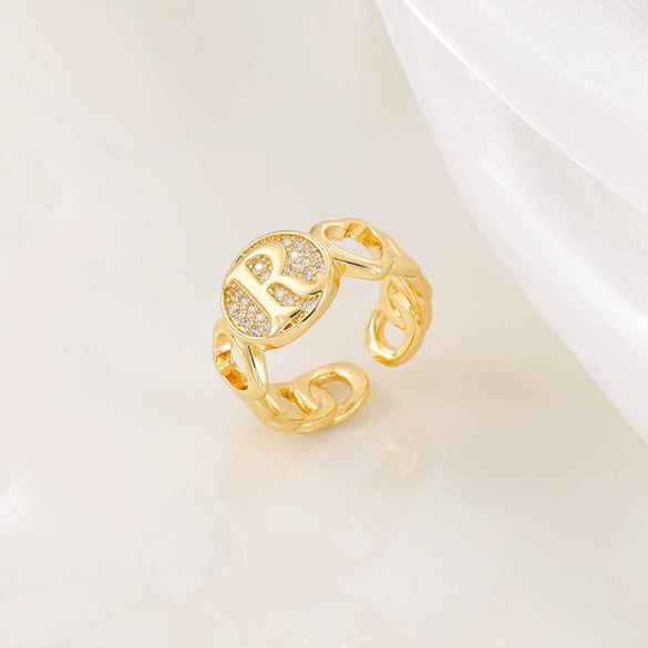 Copper Inlaid Zircon 18K Gold Plated Heart Letter Ring For Women