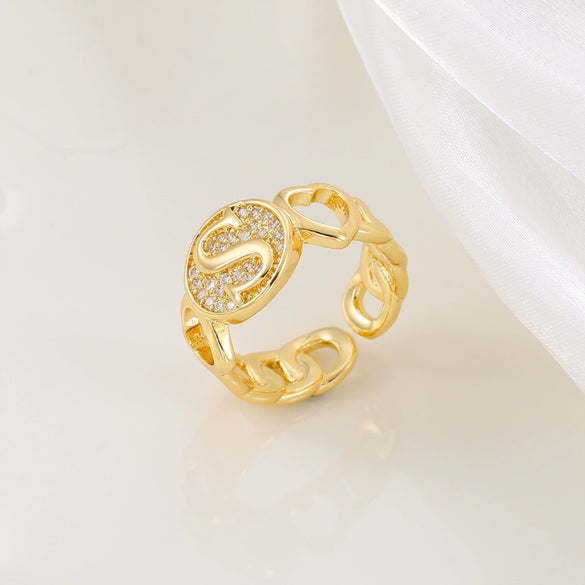 Copper Inlaid Zircon 18K Gold Plated Heart Letter Ring For Women