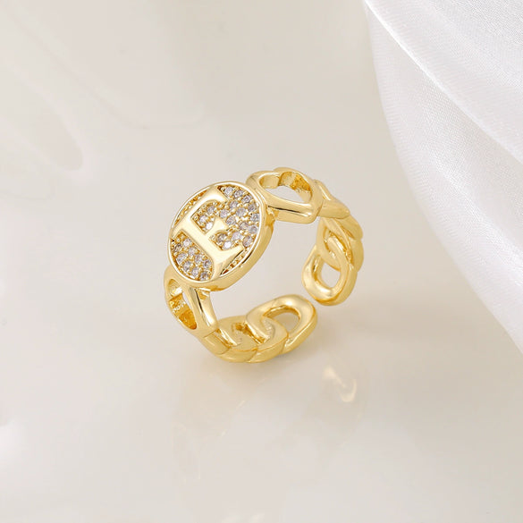 Copper Inlaid Zircon 18K Gold Plated Heart Letter Ring For Women