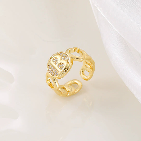 Copper Inlaid Zircon 18K Gold Plated Heart Letter Ring For Women
