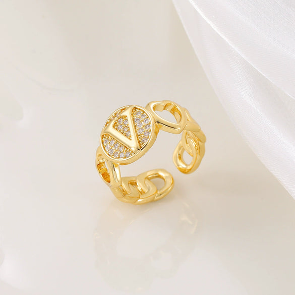 Copper Inlaid Zircon 18K Gold Plated Heart Letter Ring For Women