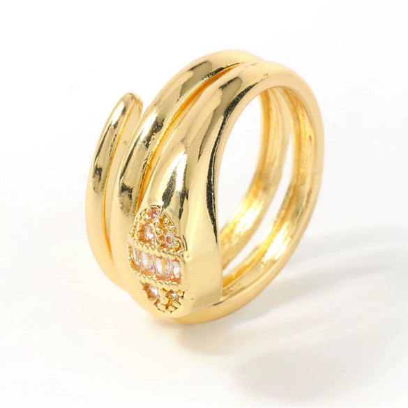 Copper Inlaid Zircon Snake Zodiac Open Ring Jewelry For Women