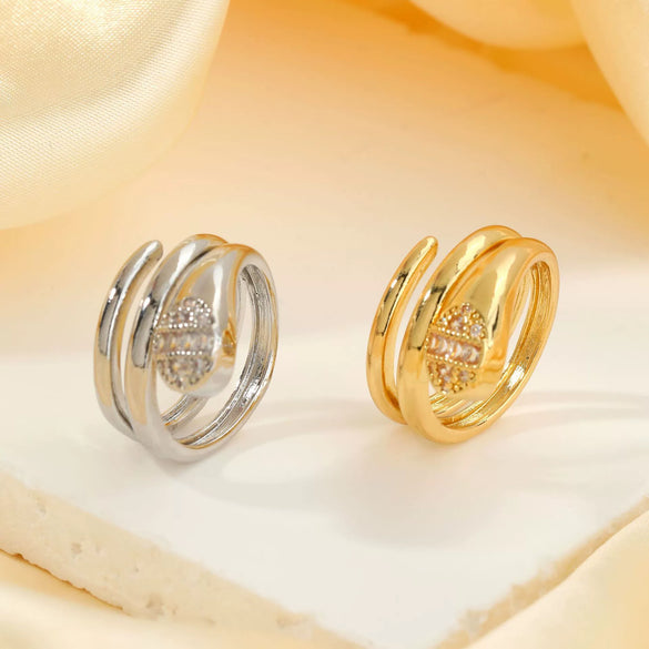 Copper Inlaid Zircon Snake Zodiac Open Ring Jewelry For Women