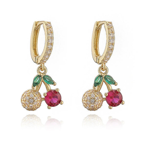 Copper Inlaid Zircon Sweet Fruit Shape Drop Earrings For Women