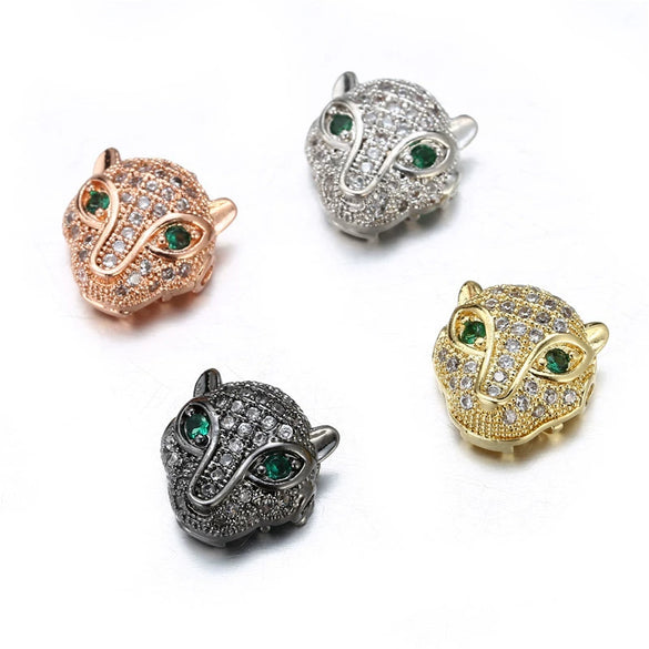Copper Inlaid Zirconium Loose Beads Accessories Jewelry Pendant With Fourcolor Leopard Head Green Eye And Round Hole Electroplated