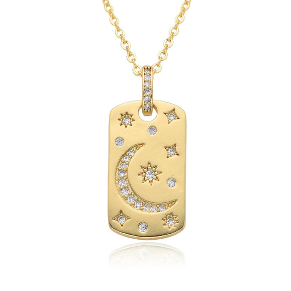 Copper Inlay Geometric Star Moon Zircon Pendant Necklace