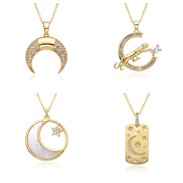 Copper Inlay Geometric Star Moon Zircon Pendant Necklace