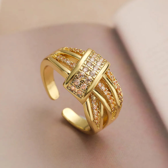 Copper Inlay Geometric Zircon Open Rings