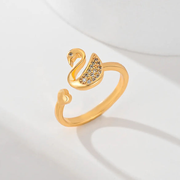 Copper Inlay Leaves Flower Zircon Open Rings