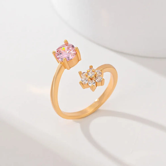 Copper Inlay Leaves Flower Zircon Open Rings