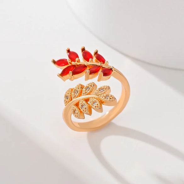 Copper Inlay Leaves Flower Zircon Open Rings