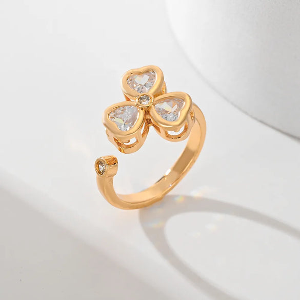 Copper Inlay Leaves Flower Zircon Open Rings