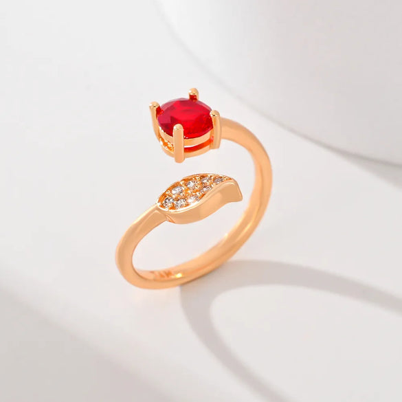 Copper Inlay Leaves Flower Zircon Open Rings