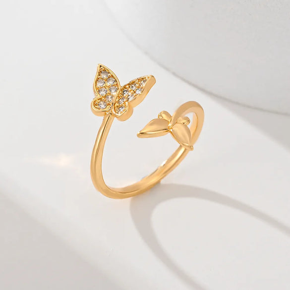 Copper Inlay Leaves Flower Zircon Open Rings