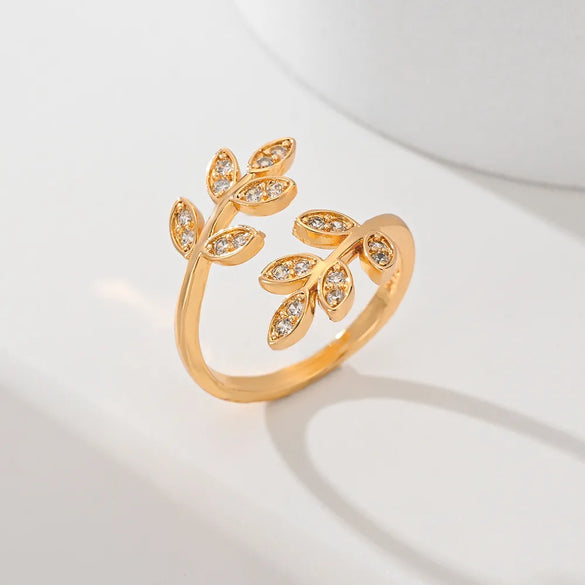 Copper Inlay Leaves Flower Zircon Open Rings