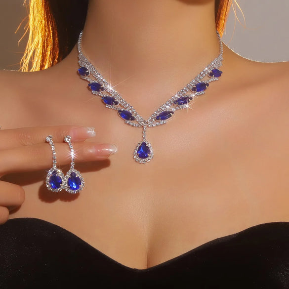 Copper Inlay Water Droplets Tassel Rhinestones Earrings Necklace Jewelry Set