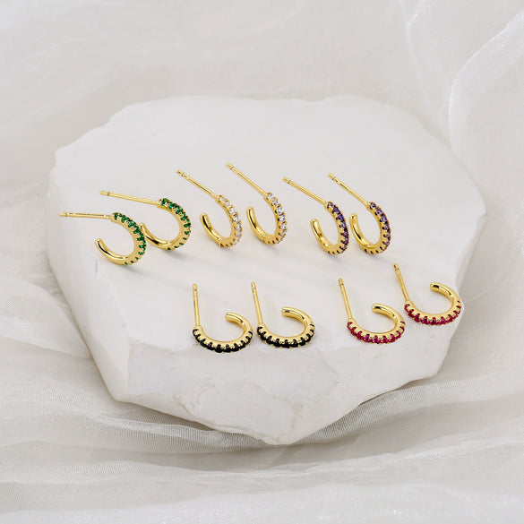 Copper Jewelry Goldplated Artificial Gemstones And Semiprecious Stones Microinlaid Geometric Cshaped Ladies Earrings