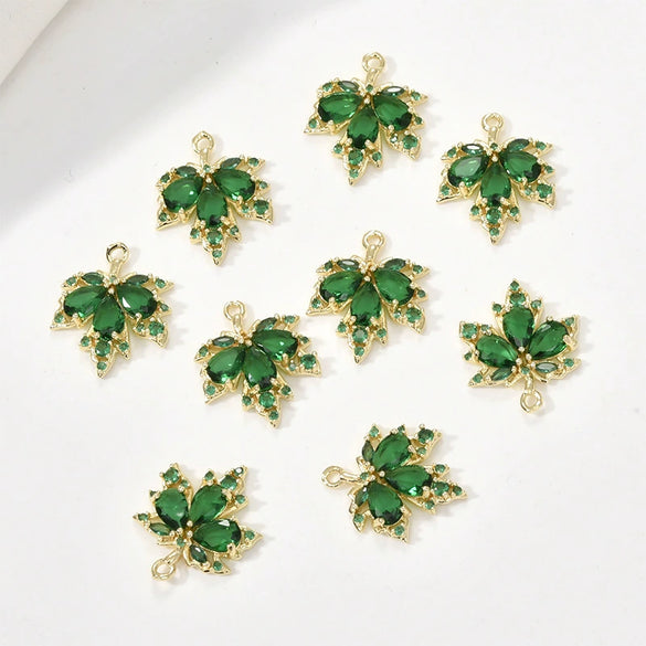 Copper Jewelry With 14K Gold Plated Red Zircon Maple Leaf Pendant Electroplating Treatment Plant Flowers Style