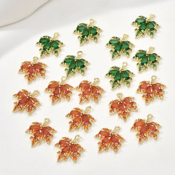 Copper Jewelry With 14K Gold Plated Red Zircon Maple Leaf Pendant Electroplating Treatment Plant Flowers Style