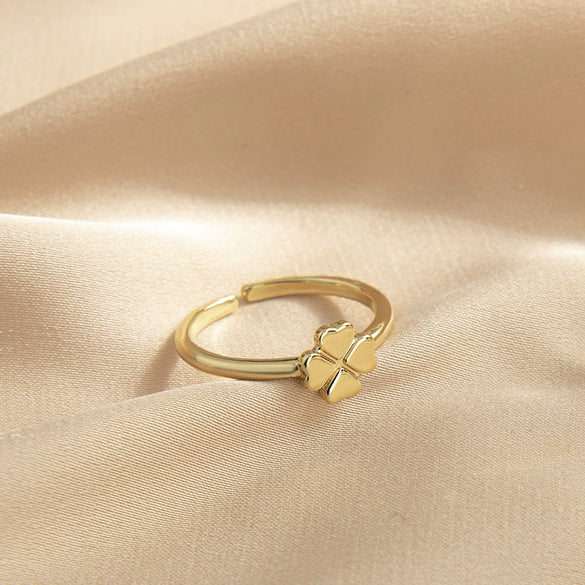 Copper 18K Gold Plated Fourleaf Clover Flower Women's Fashion Open Finger Ring