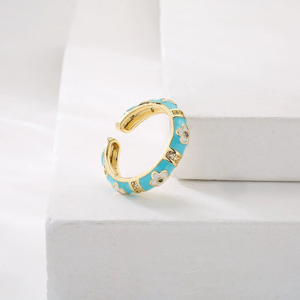 Copper 18K Gold Plated Geometric Dripping Flower Ring For Women With Micro Inlay
