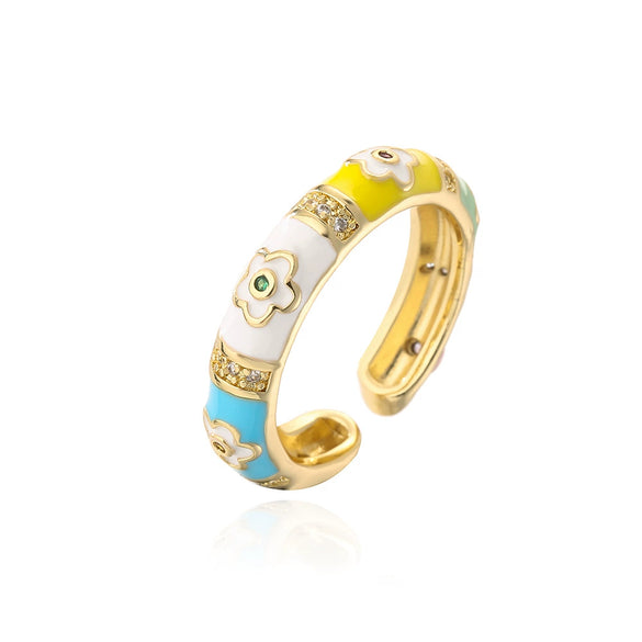 Copper 18K Gold Plated Geometric Dripping Flower Ring For Women With Micro Inlay