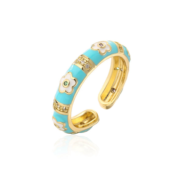 Copper 18K Gold Plated Geometric Dripping Flower Ring For Women With Micro Inlay