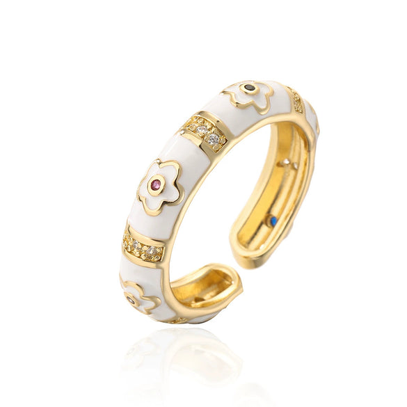Copper 18K Gold Plated Geometric Dripping Flower Ring For Women With Micro Inlay