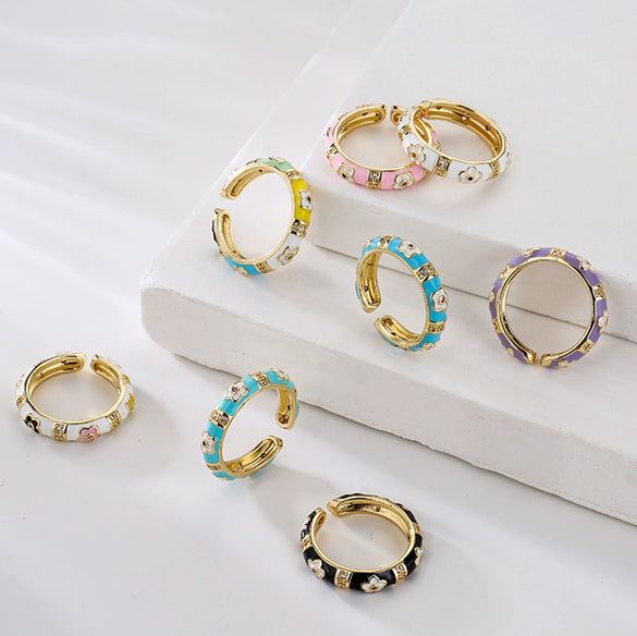 Copper 18K Gold Plated Geometric Dripping Flower Ring For Women With Micro Inlay