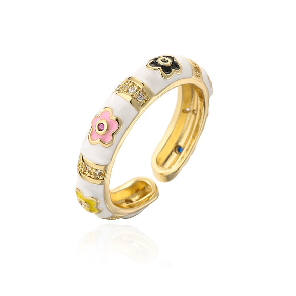 Copper 18K Gold Plated Geometric Dripping Flower Ring For Women With Micro Inlay