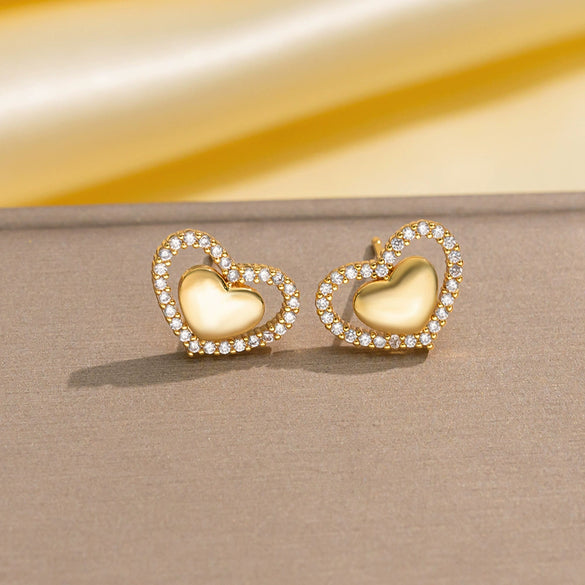 Copper 18K Gold Plated Hollow Heart Shape Women's Simple Allmatch Earrings Set With Diamonds